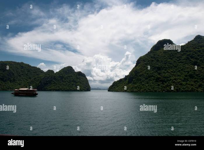 Floating hotel in Ha Long Bay with limestone views